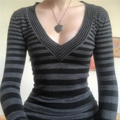 Striped V neck Slim fit Sweater Women's Top Black - Shop at LoveMi