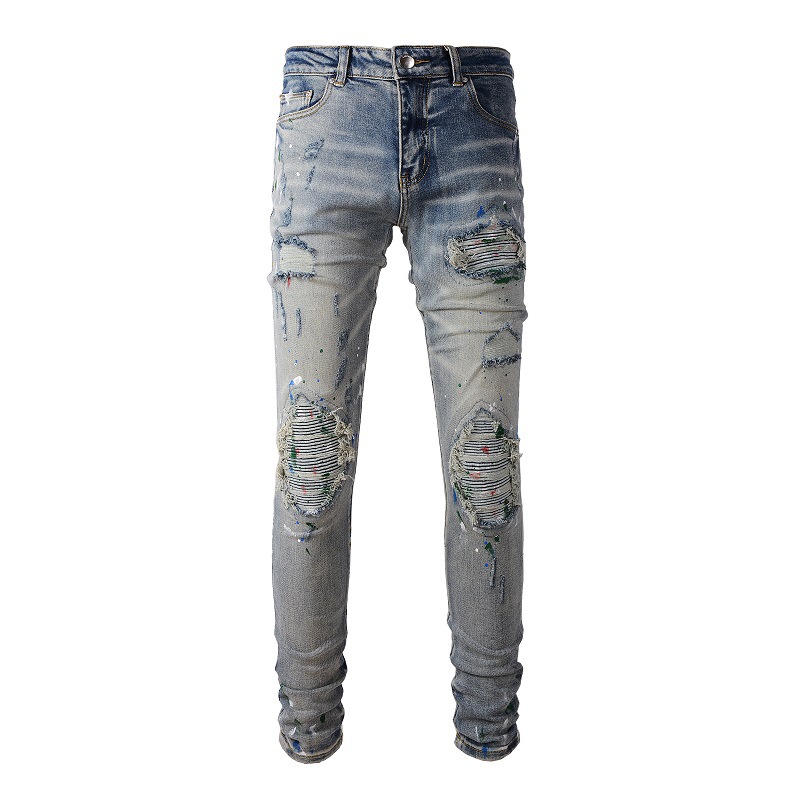 Men's Paint-splashing Style Graffiti Patch Ripped Jeans