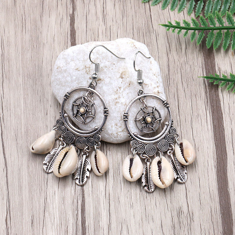 New Geometric Big Circle Woven Dream Net Natural Shell Long Fringe Earrings
