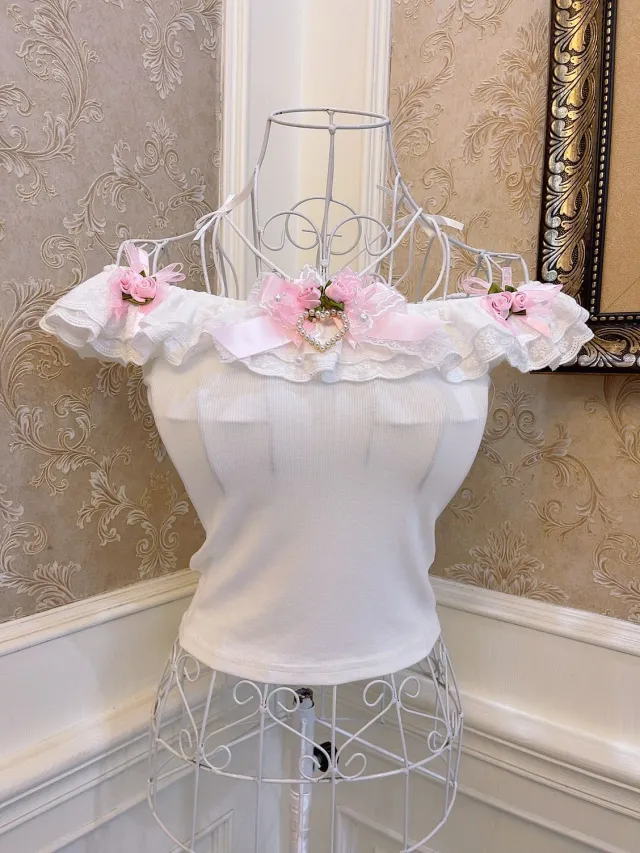 Bow Knot Pearl Heart Lace Trim One Shoulder Top White - Shop at LoveMi