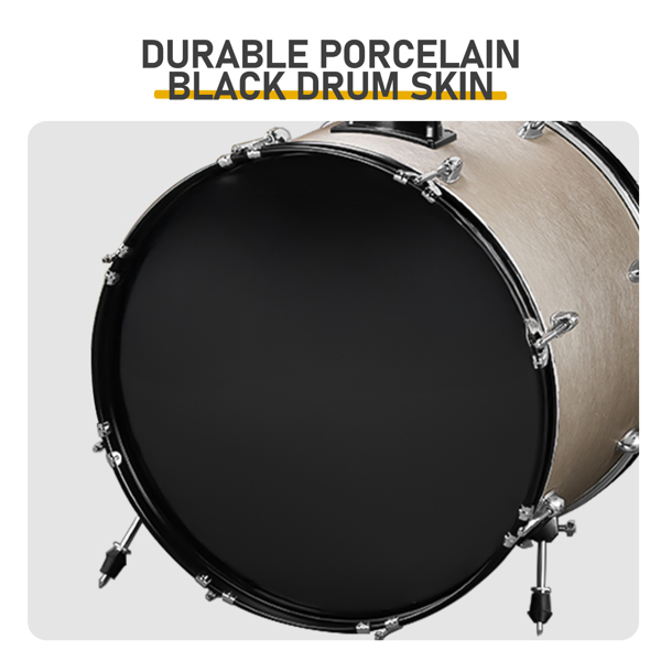 Full Size Adult Drum Set 5-Piece Silver with Bass Drum, two Tom Drum, Snare Drum, Floor Tom, 16