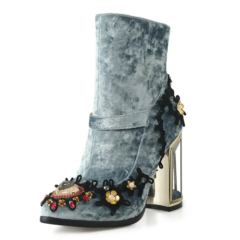 Heel Mid-tube Boots Beaded Embroidery Side Zipper Women Boots