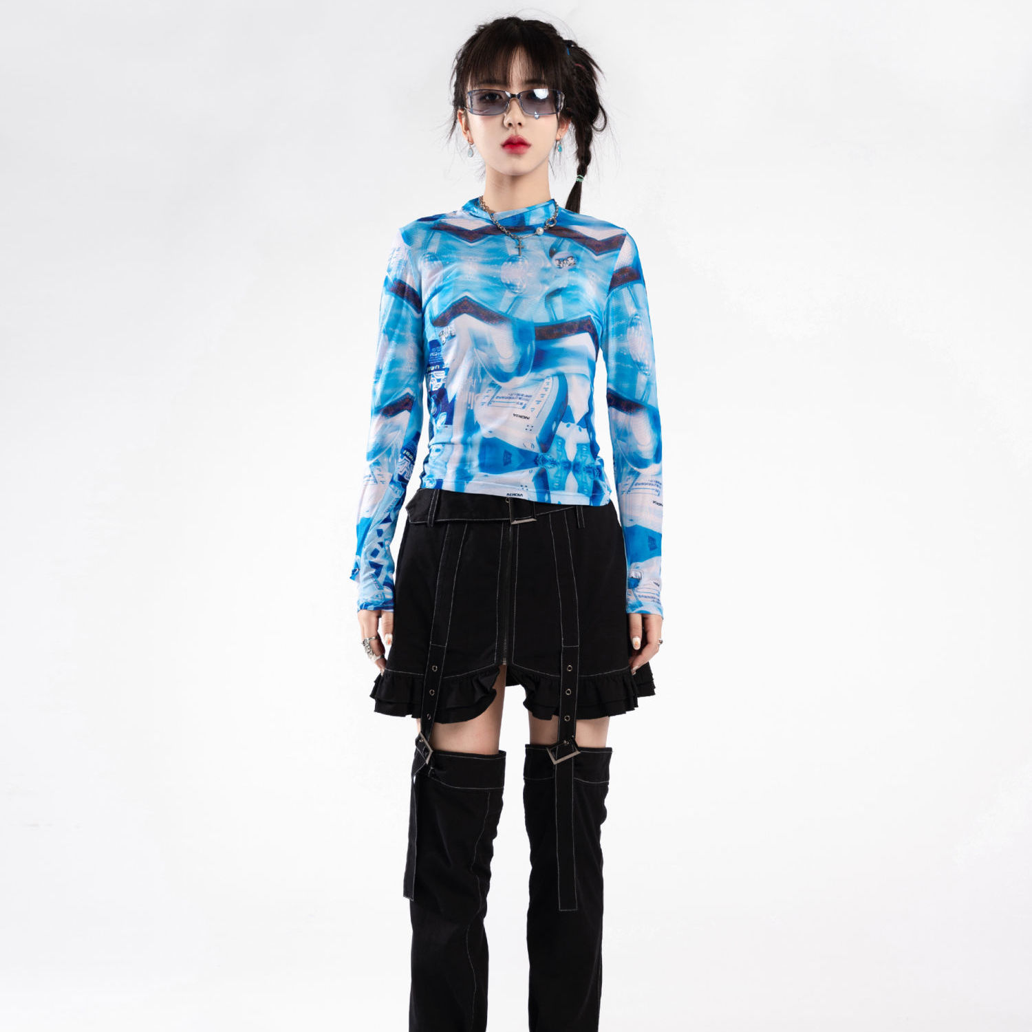 Title 3, Tie Dye Printed Mesh Bottoming Shirt Long Sleev...