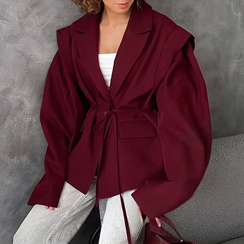 Women's Waist Tie Blazer Elegant Business Casual Solid Color Jacket For Fall Winter Office Wine Red - Shop at LoveMi