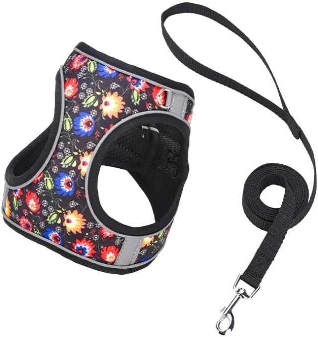 Step In Dog Harness No Pull Flower Adjustable Soft Mesh Padded Reflective Pet Vest Harness And Leash Set For Small Medium Dogs Black - Shop at LoveMi