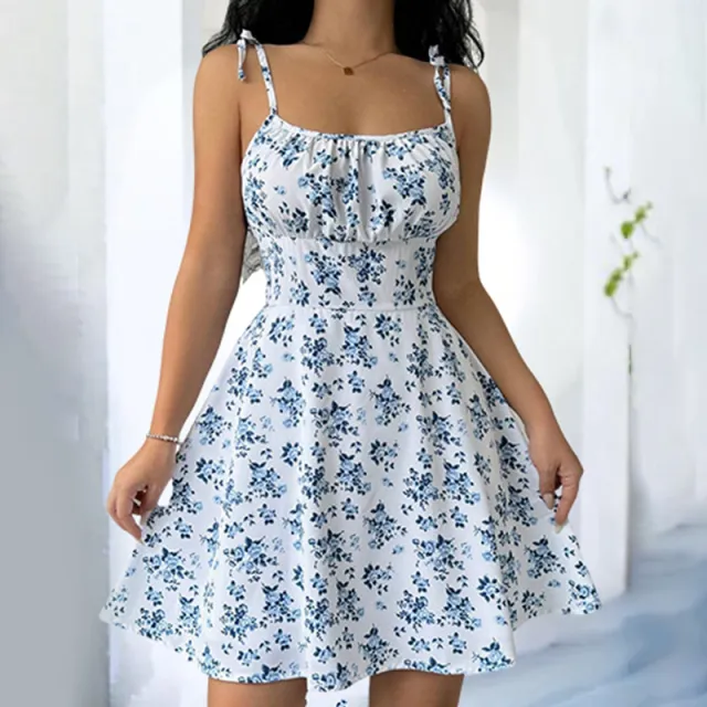 Womens Floral Mini Dress Spaghetti Strap Sleeveless Tie Shoulder Ruffle Summer Boho Dresses White - Shop at LoveMi