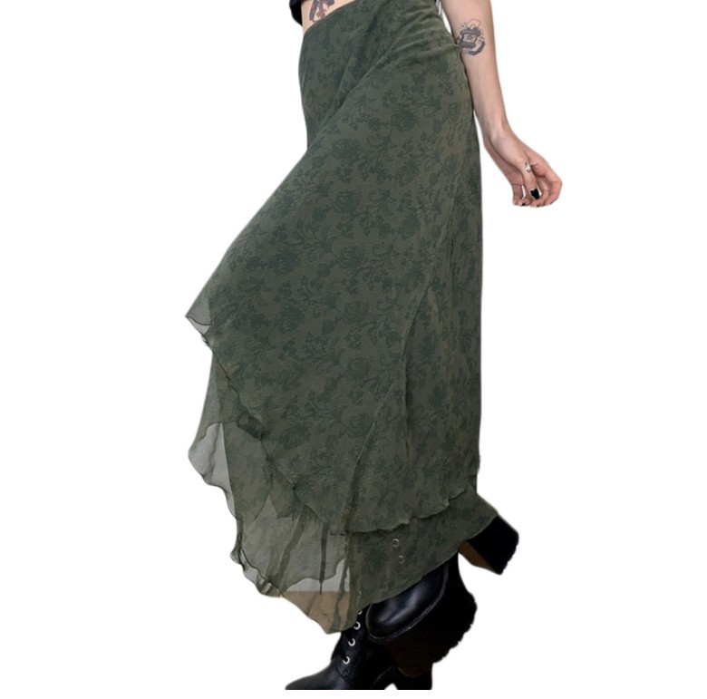 Green Solid Color Short Irregular Skirt Temperament Commuter Mesh Sand Long