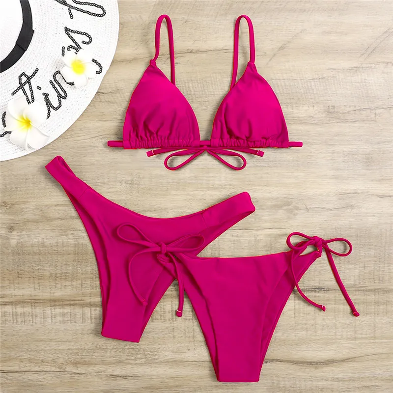 Bikini Solid Colour Ladies Split Three Piece Swimsuit - Rose