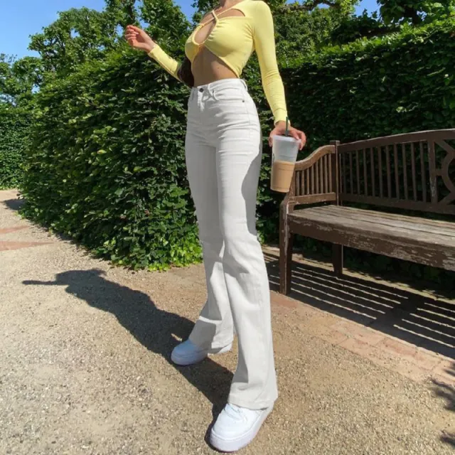 Commuter High Waist Trousers Cotton Mini Slacks Jeans White - Shop at LoveMi