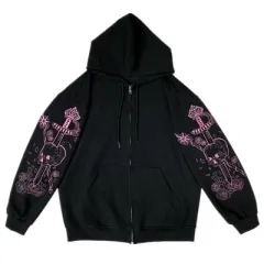 Women Hooded Zipper Alphabet Butterfly Sweater - Black3 - View 1