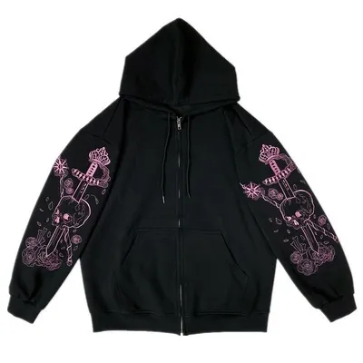 Women Hooded Zipper Alphabet Butterfly Sweater Black3 - Shop at LoveMi