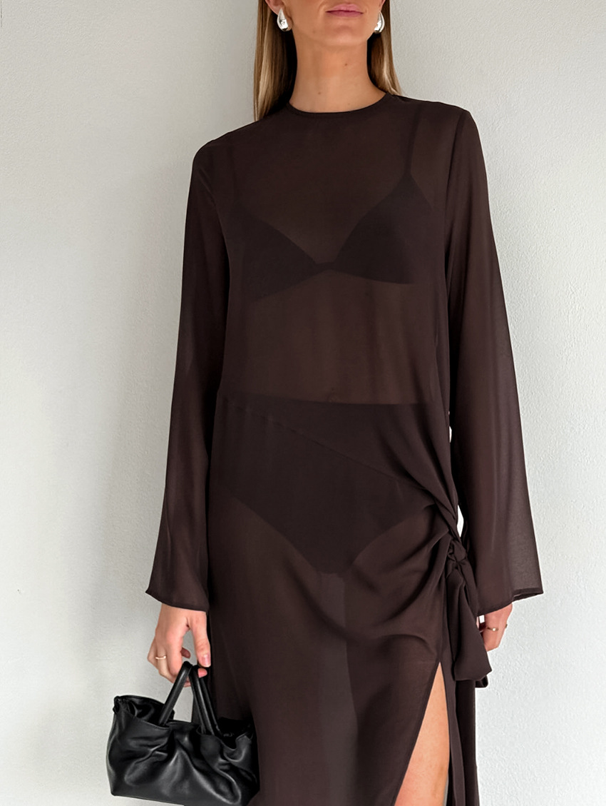 Mesh Sheer Round Neck Long Sleeve Tie Bow Slit Dress