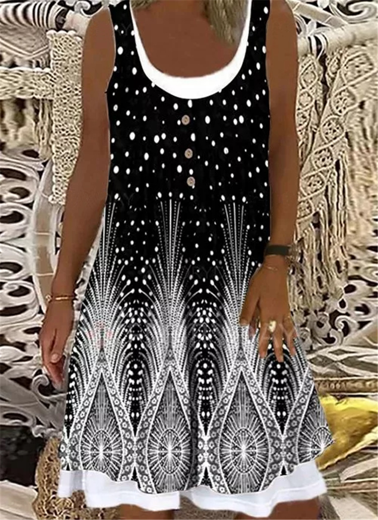 Women's Printed Sleeveless Round Neck Loose A-line Skirt