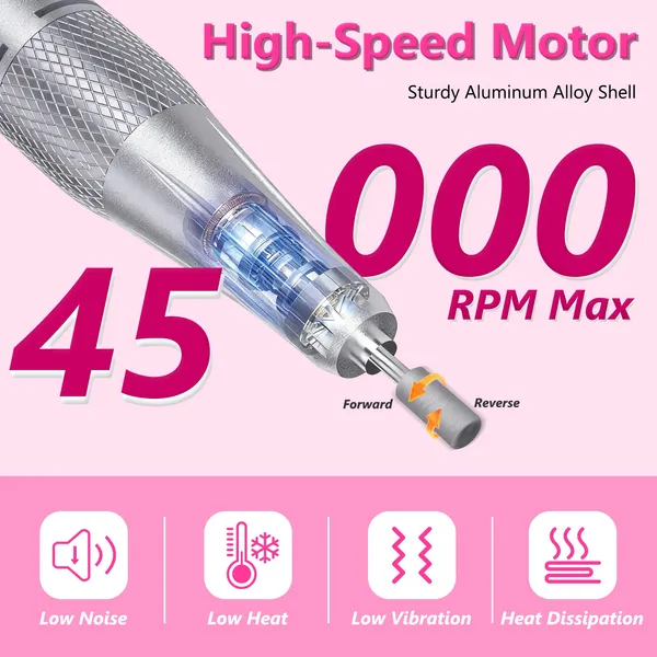 Portable Electric Nail Drill Bit 45000 RPM With 11 Bits Base Waist Clip Cordless Rechargeable Nail File Machine For Professional Salon Home Acrylic Nails Remove Nail Gel Polish Manicure 4