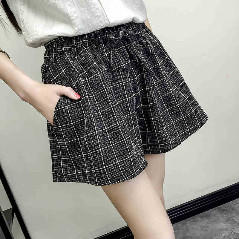 Summer Korean Style Cotton Linen Elastic-waist Plaid Shorts Women's Loose Large Size Slimming Student Wide Leg Culottes Casual Hot Pants