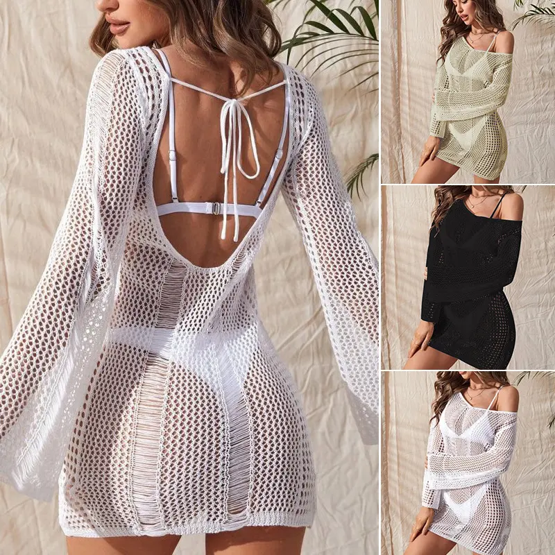 Knitted Hollow Backless Sexy Long Sleeve Narrow Bikini Swimsuit