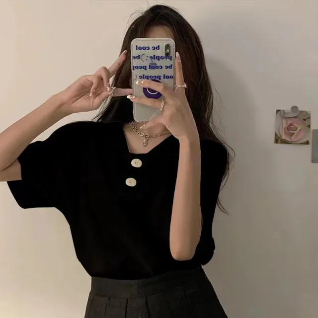 Large Size Women's Summer French T shirt Short Sleeve Loose Black - Shop at LoveMi