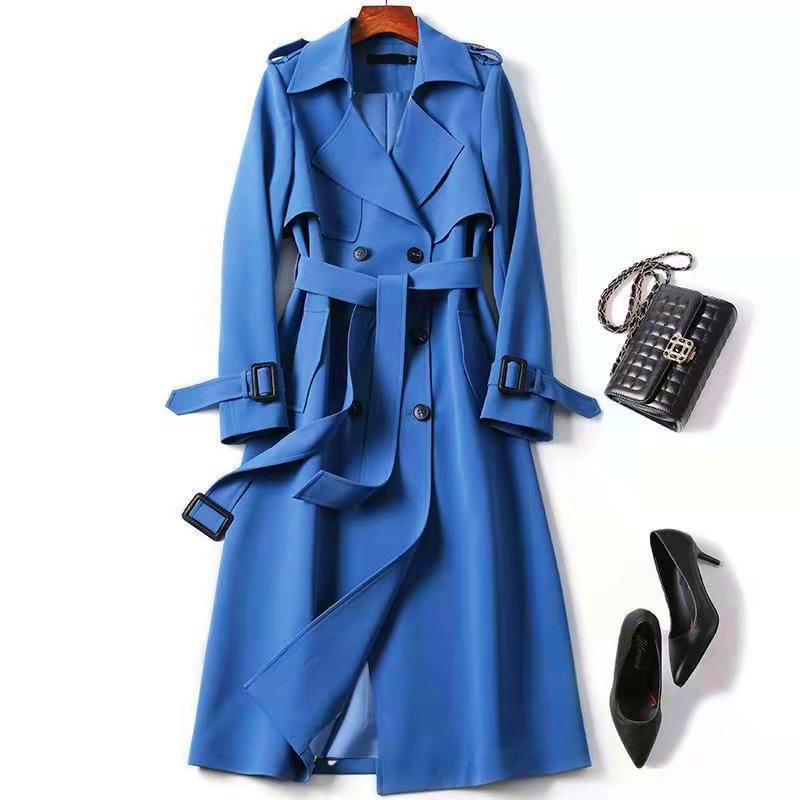 Women's Classic Trench Coat, Solid Color Long Sleeve Belted Mid Length Jacket With Button Detail For Spring And Fall Haze Blue - Shop at LoveMi