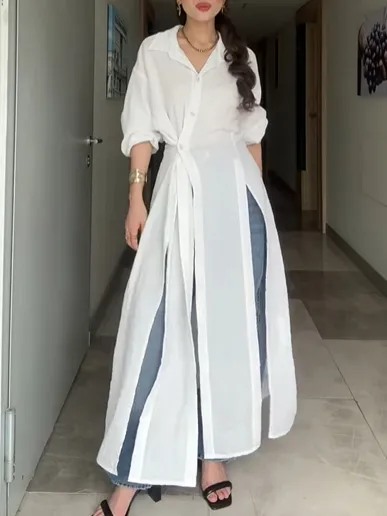 Solid Color Slit Long Irregular Long Blouse White - Shop at LoveMi