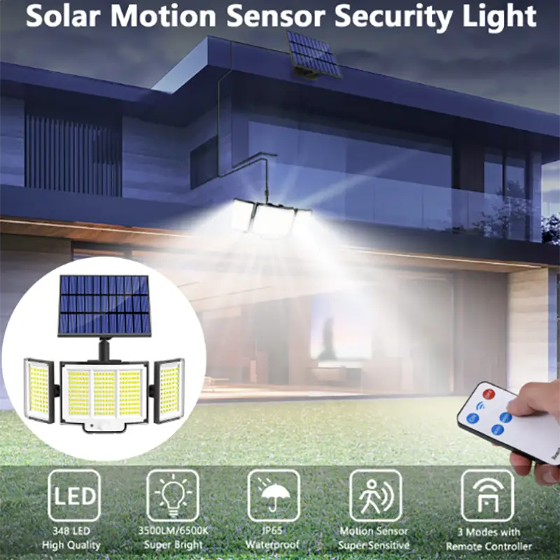 1,2 Pack Solar Lights Outdoor 348 LED Motion Sensor Lights With Remote Control 3 Head Waterproof