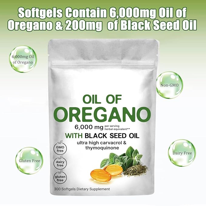 Oregano Black Seed Oil Softgels, 300 Capsules. 2 in 1 Oil of Oregano Softgels Each serving of oil of oregano capsules contains 6,000mg oil of oregano with 200mg black seed oil. Oil of oregano with black seed oil are combined into one and work together Pre