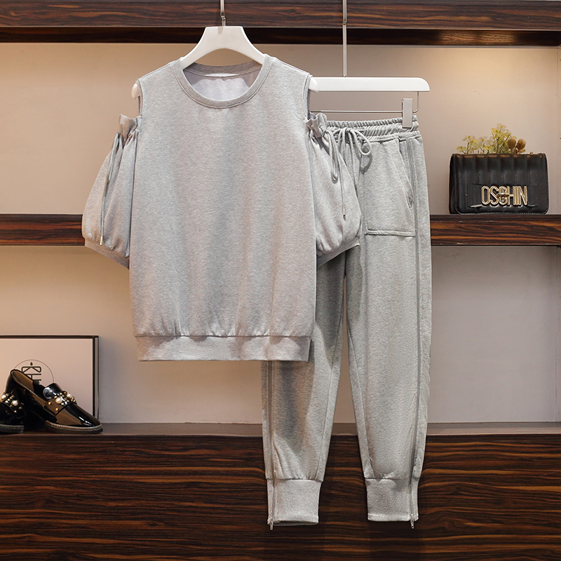 Fashion Road Shoulder Short Sleeve Sports Two-piece Suit Women