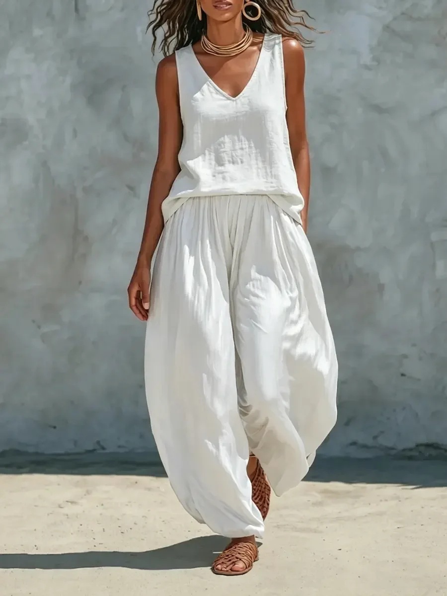 Solid Linen V-Neck Sleeveless Top & Harem Pants Two-Piece Set