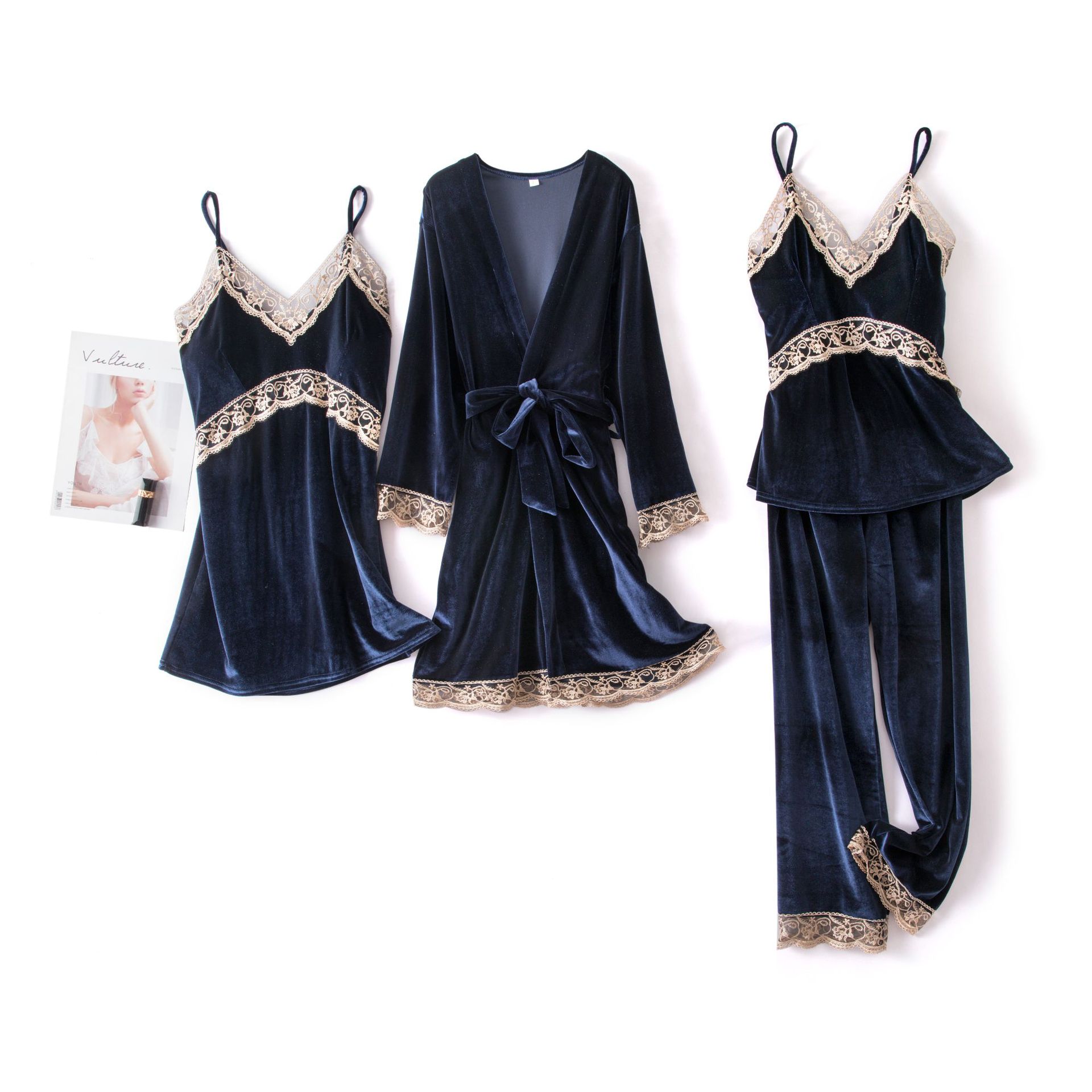 Title 3, Sexy sling velvet 4-piece long-sleeved nightgow...