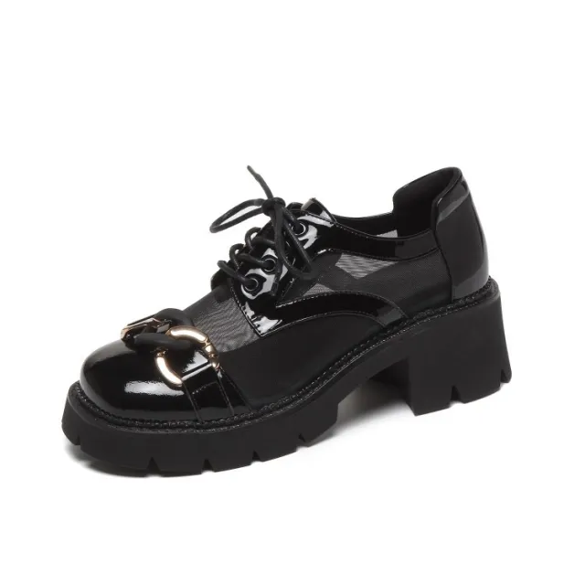 Mesh Hollow Round Toe Color Matching Platform Women's Shoes Black - Shop at LoveMi