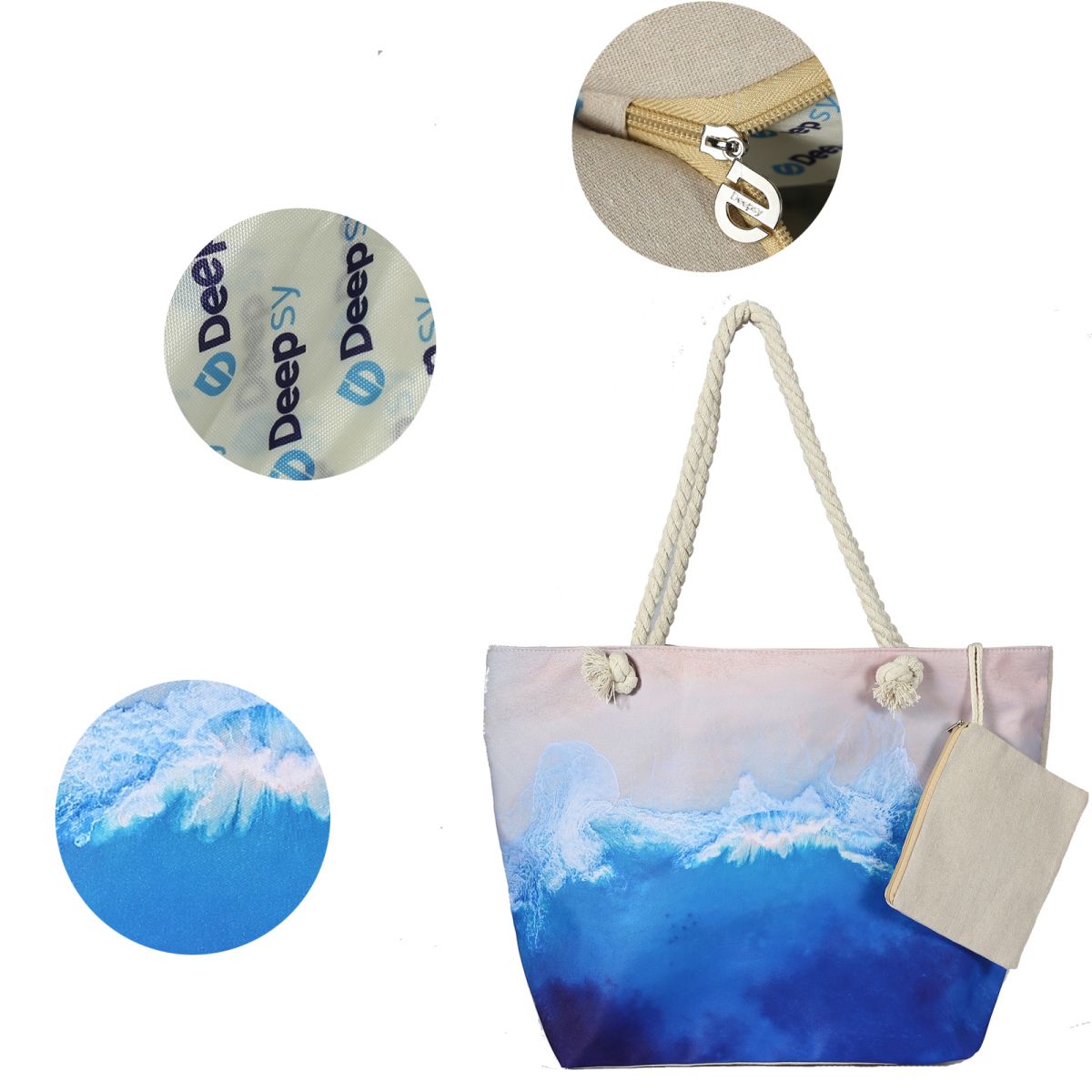 Waterproof Beach Tote Bag for Women. MATERIAL: Unique outer canvas material, inter polyester, hemp rope handle, foldable, easy to clean, waterproof and sandproof, durable and washable. LARGE BEACH BAG: Size 22.83 X 7.87 X 14.96 inch, there is enough space