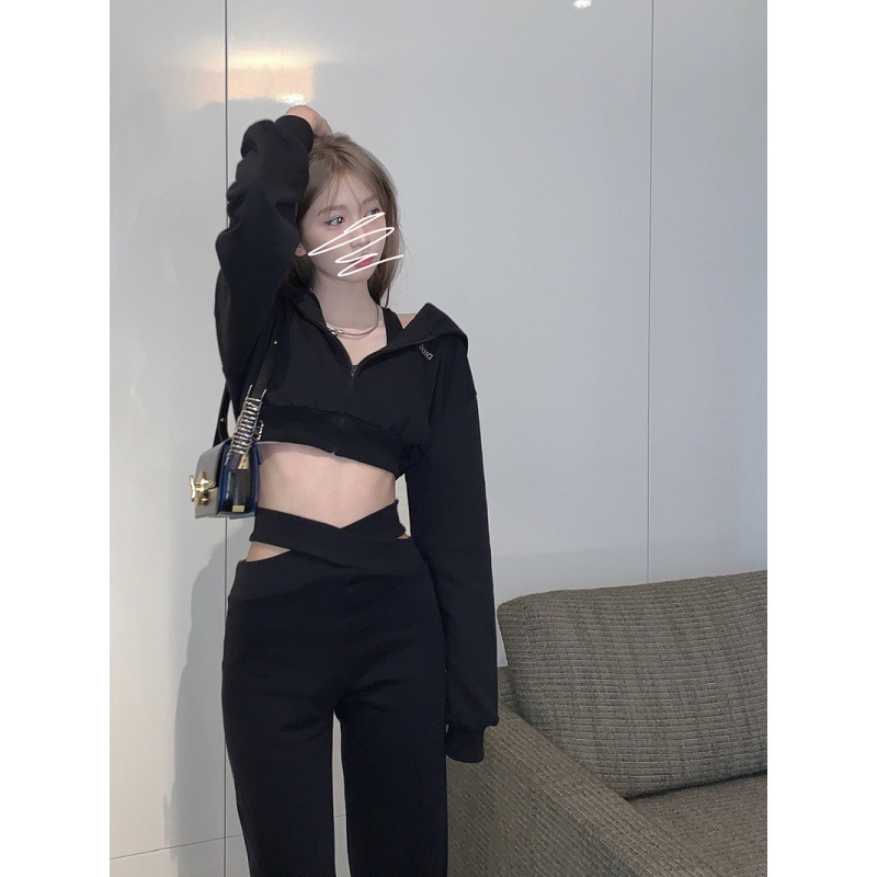 Women's Casual Sports Two-Piece Hooded Short Sweater Jacket With Cross Hollow Out Waist Wide Leg Pants