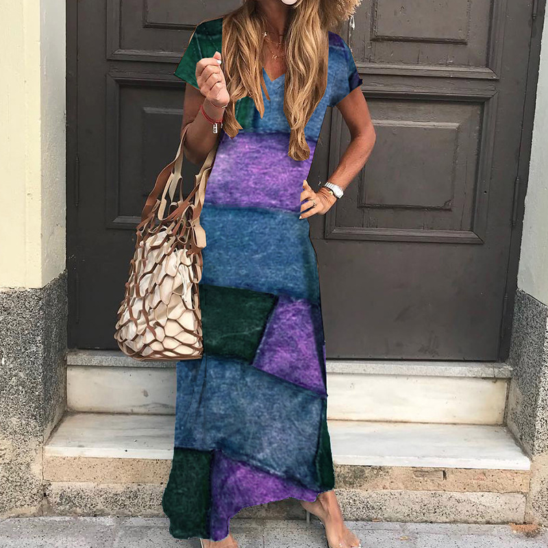 Printed V-Neck Short Sleeve Bohemian Dress