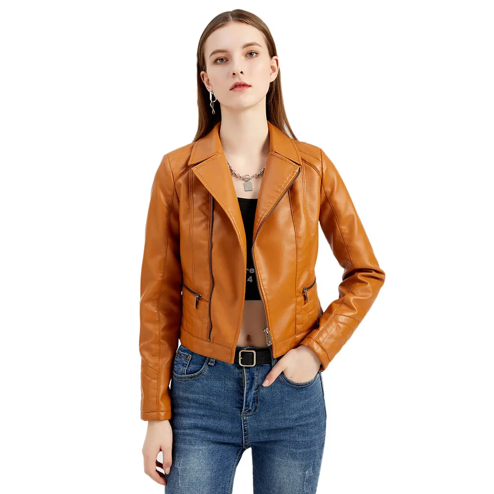 Womens Fashion Lapel Spring and Autumn Washed PU Leather
