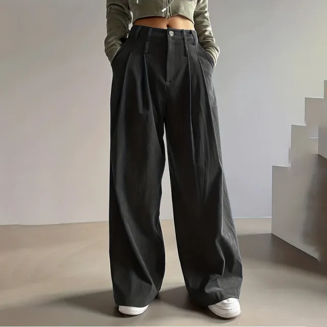 Women's Solid Color High Waisted Pleated Pants, Wide Leg Trousers With Pockets For Casual Spring And Fall Wear Black - Shop at LoveMi