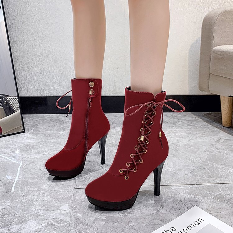 European And American Autumn And Winter High Heel Lace Up Short Boots