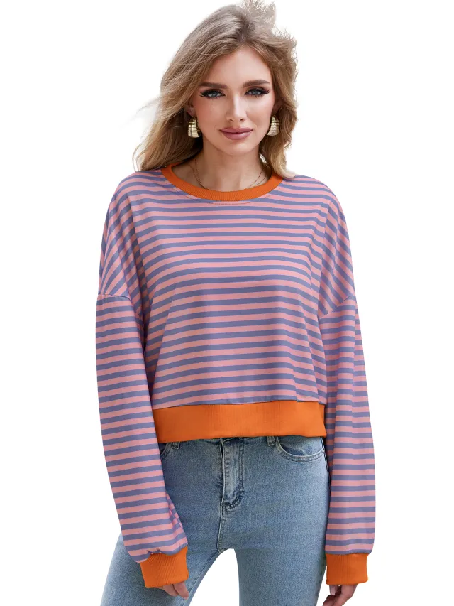 Women's Long Sleeved Striped Round Neck Sweater Top Orange - Shop at LoveMi
