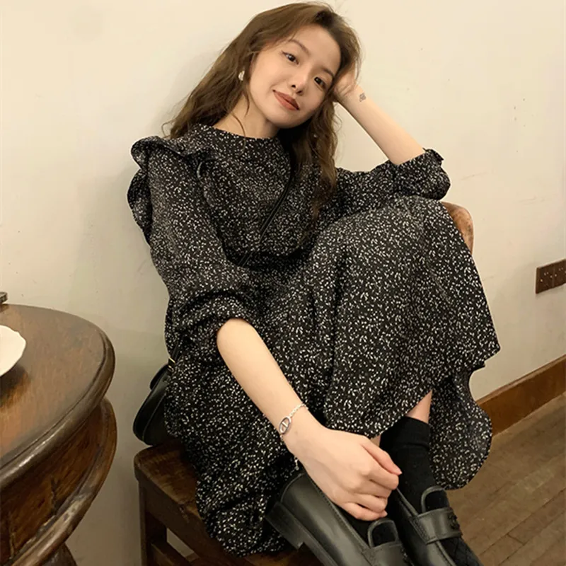 French Floral Dress Women's Waist Stitching Black - Floral Black Background