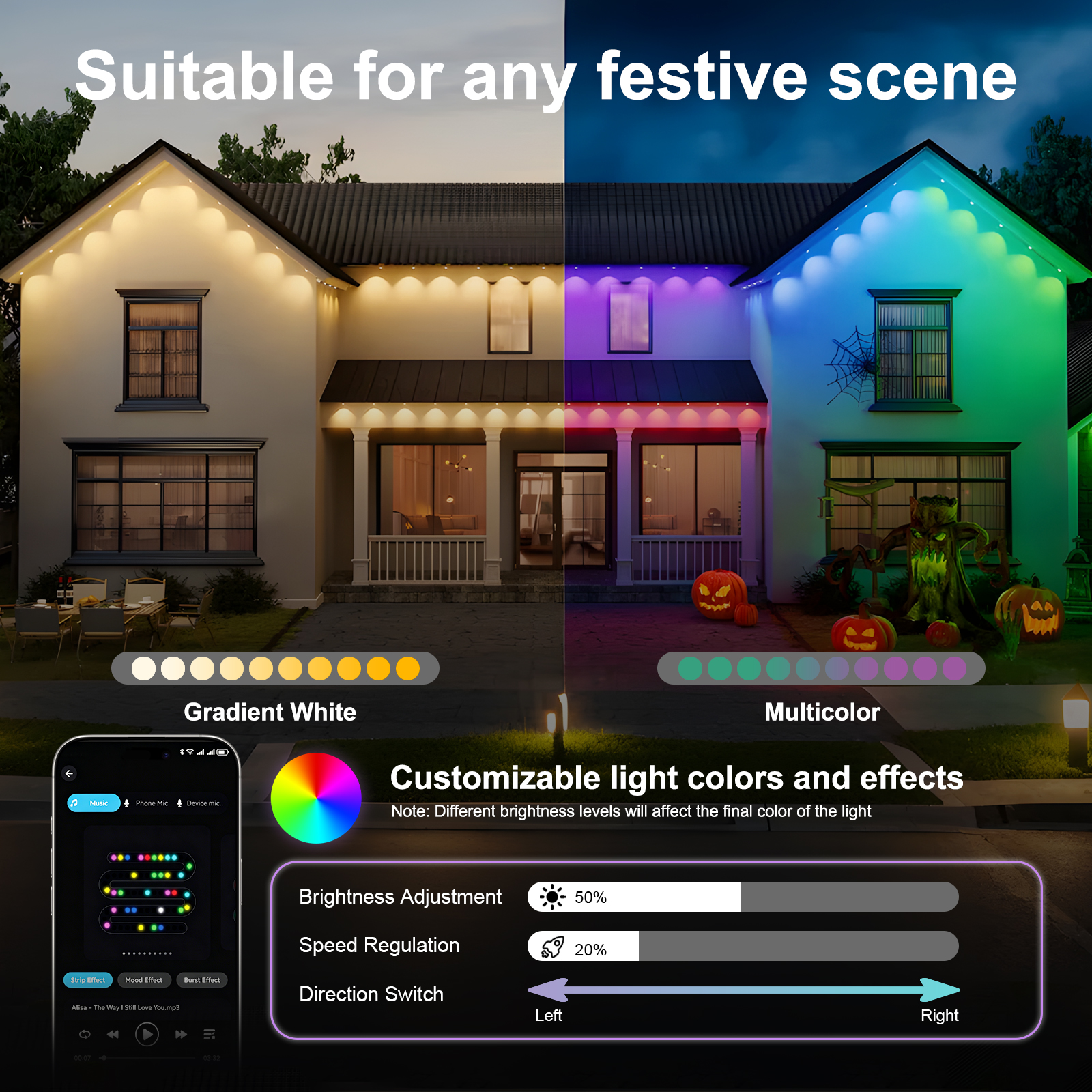 Outdoor Light,50ft With 30 LED Eaves Lights,Smart RGB Outdoor Lights With 75 Scene Modes,IP67 Waterproof,for Halloween Decorations,Christmas,Holiday,Party,with App And Remote — foto 3