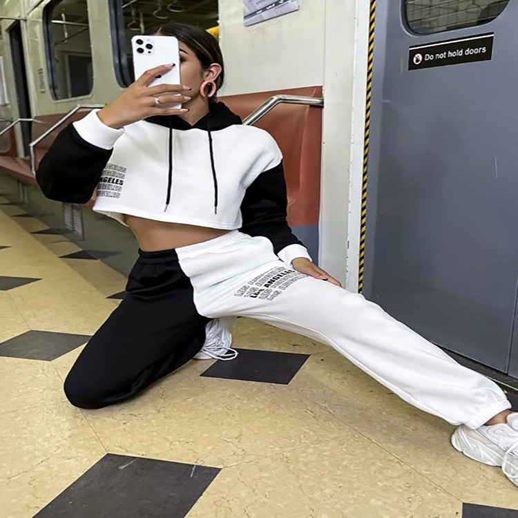 High Waist Cropped Hooded Printed Trousers Long Sleeve Casual One-piece Suit