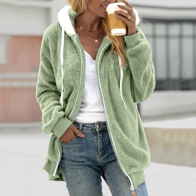 Women's Loose Plush Zipper Hooded Jacket Green - Shop at LoveMi