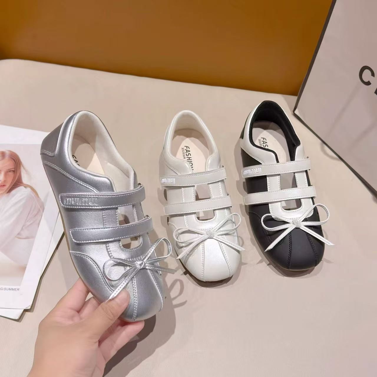 Women Y2K Metallic Double Strap Cutout Front Bow Ballet Flats, Round Toe Slip On Soft Shiny Leather Casual Daily Walking Doll Shoes