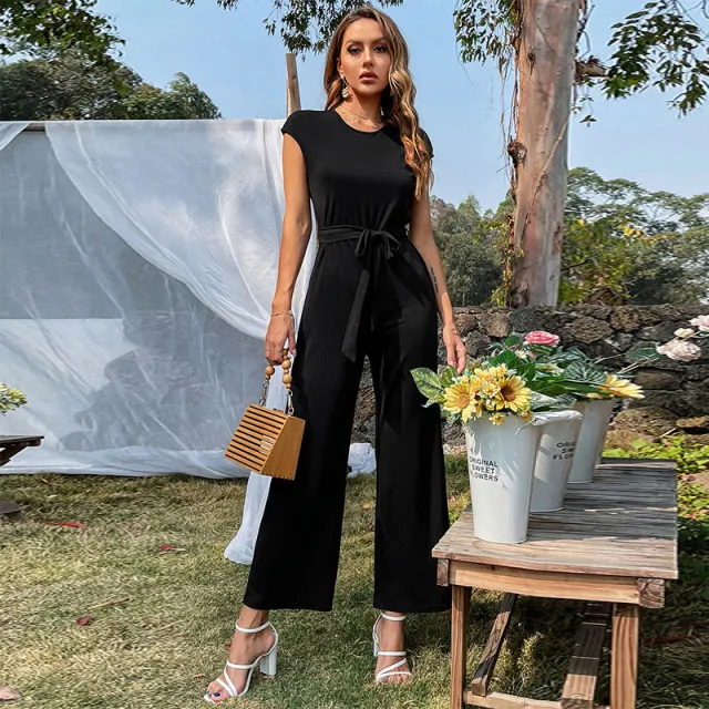 Temperament Casual Solid Color One Piece Trousers Lace Up Sleeveless Round Neck Women's Pants Black - Shop at LoveMi
