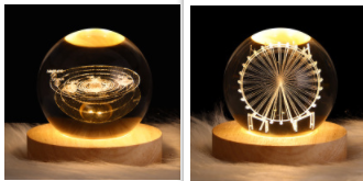 Kleine nachtlamp met kristallen bol, sterrenhemel en planeten – massiefhouten lampvoet, zonnestelsel 6 cm, 2 stuks