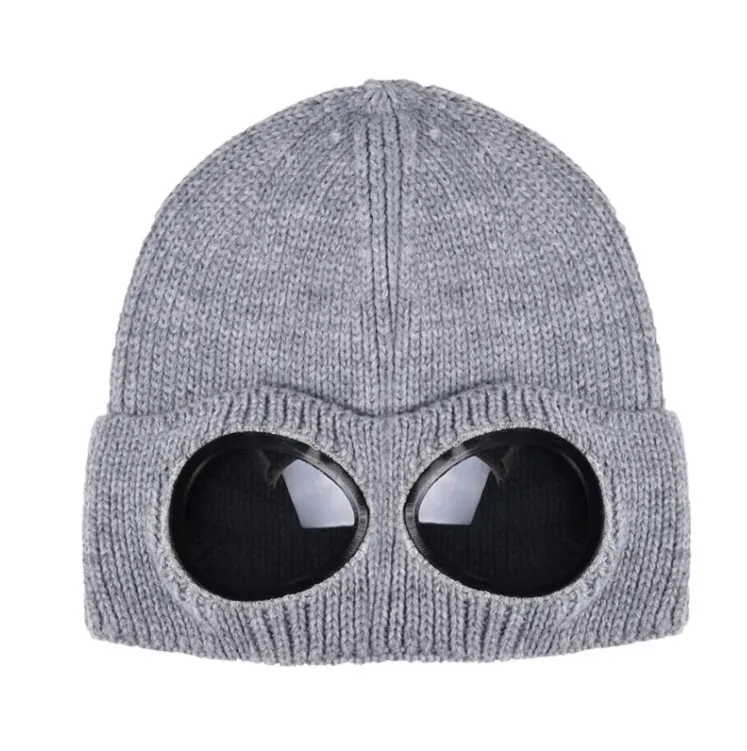Windproof Mirror And Fleece Knitted Warm Wool Hat - Grey