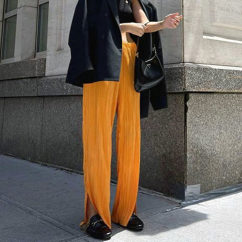 Title 2, Orange Yellow Loose Drape Trousers Slit High Wa...