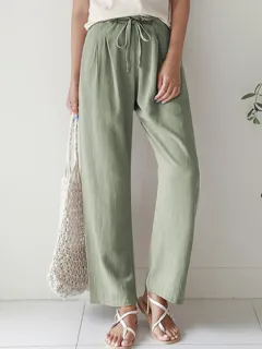Casual Ladies Solid Colour Straight Leg Elastic Waist Pants - Green - View 1