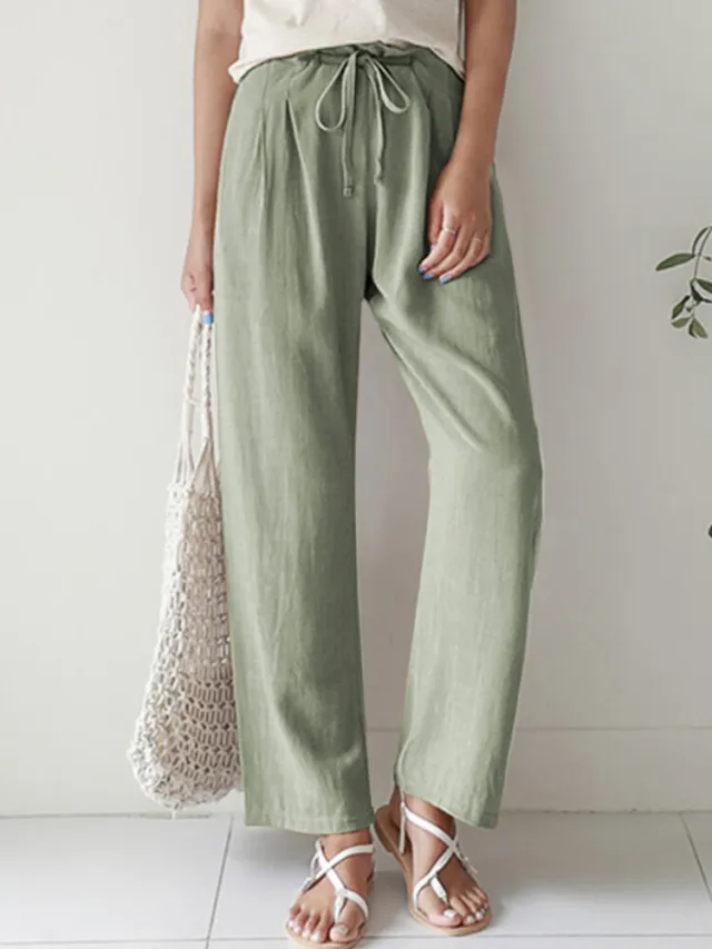 Casual Ladies Solid Color Straight Leg Elastic Waist Pants Green - Shop at LoveMi