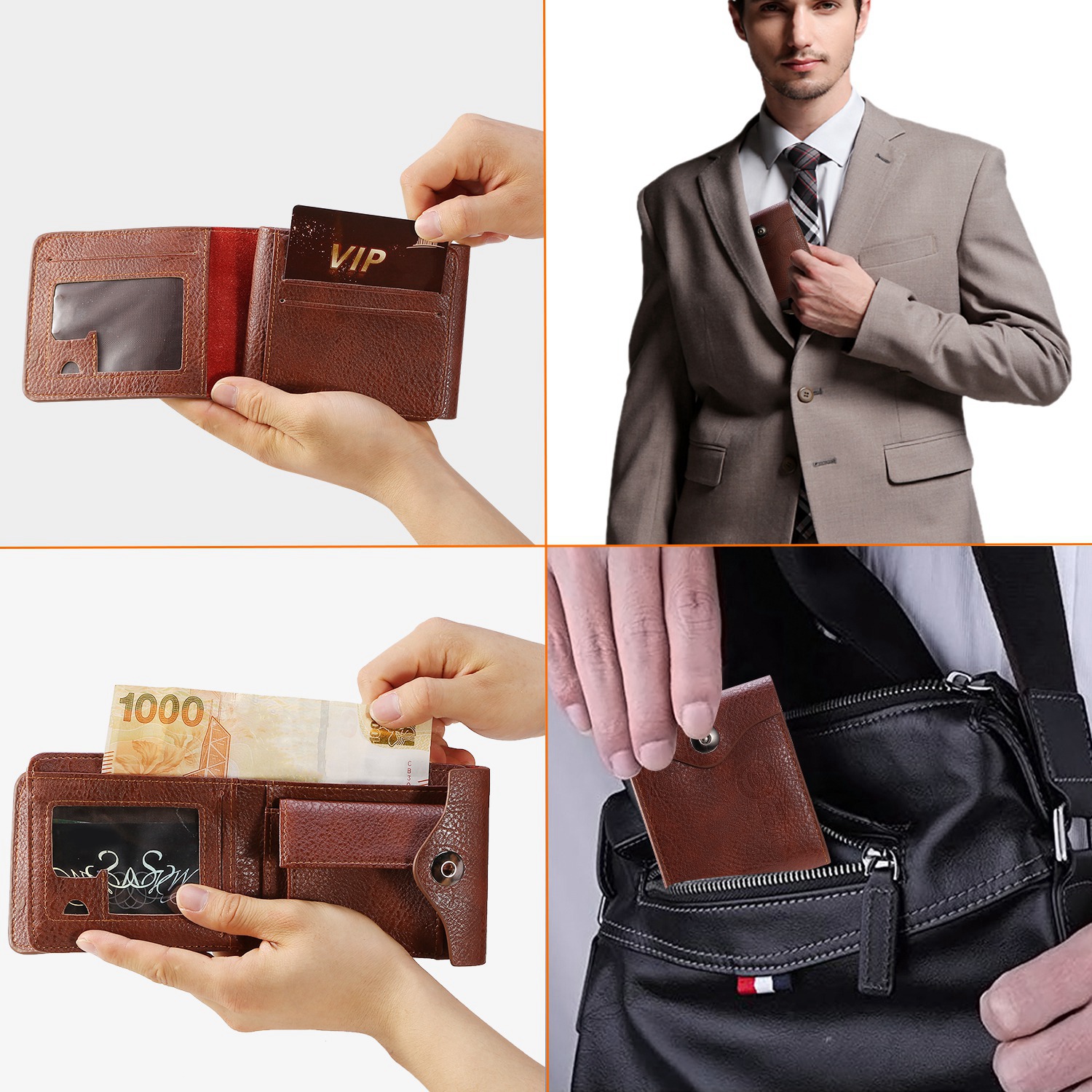 1Pc Men  Wallet PU Leather Purse Slim Card Holder Cases With 2 ID Window Coin Pocket — foto 7