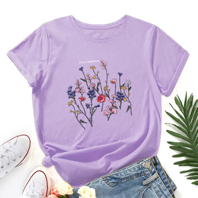 Women's Loose Round Neck Short Sleeve T shirt Women Purple - Shop at LoveMi