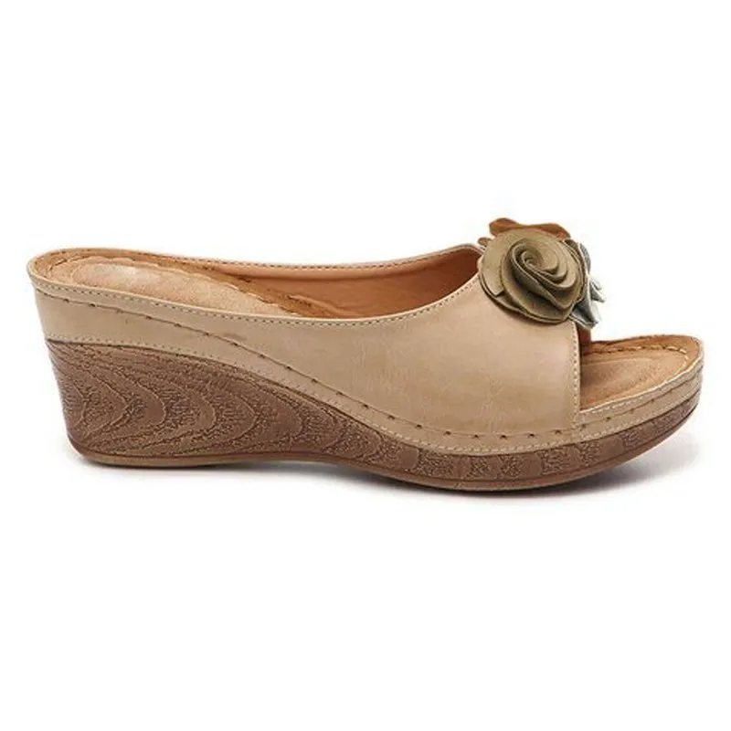 Women's Fashion Sandals Flower Wedge Heel Fish Mouth - Apricot